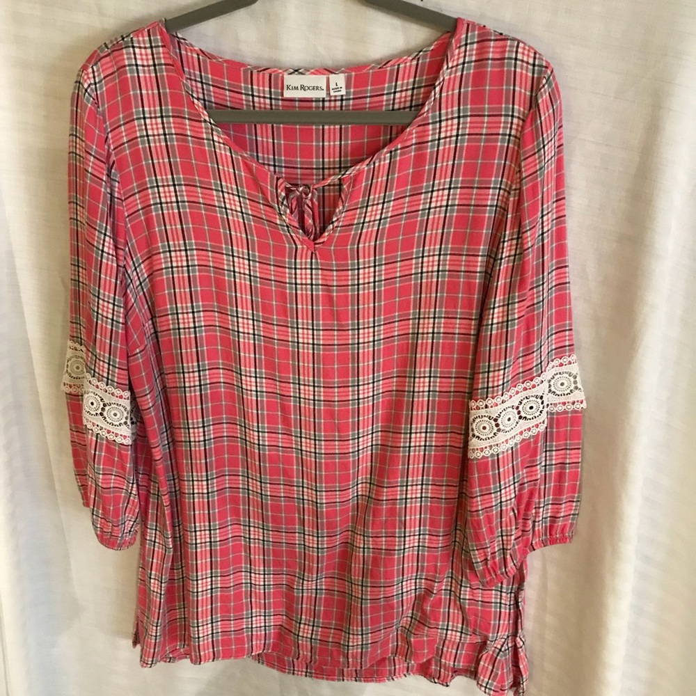 Kim Rogers Pink Plaid Rayon Top